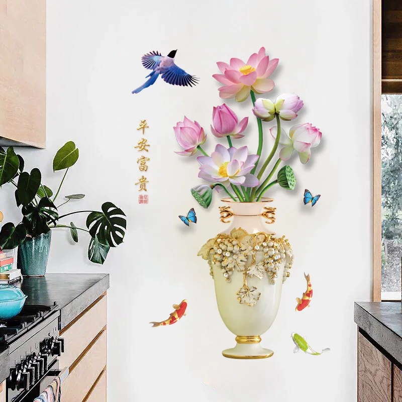 60*90CM Chinese Style 3D lotus Flower Vase PVC removable Wall Sticker Creative drawing room Home Decoration Poster | Дом и сад