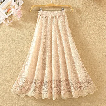

Lace Tulle Skirts Womens Black brown Spring Summer Elastic High Waist Pleated Midi Skirt 2019 new Tutu Skirt