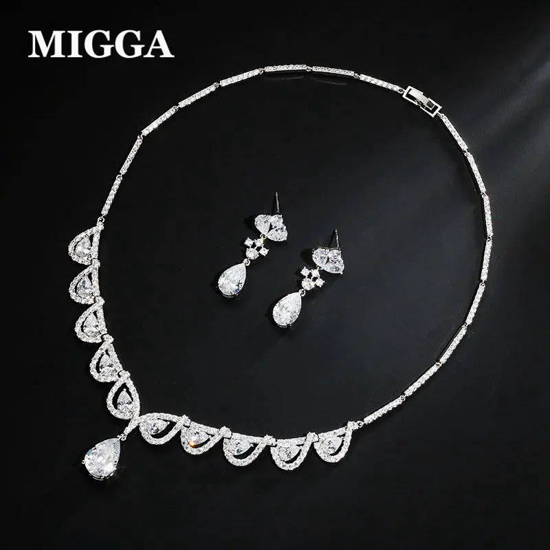 

MIGGA High Quality 4 Color Cubic Zirconia Jewelry Set Women Bride Wedding Engagement CZ Stone Water Drop