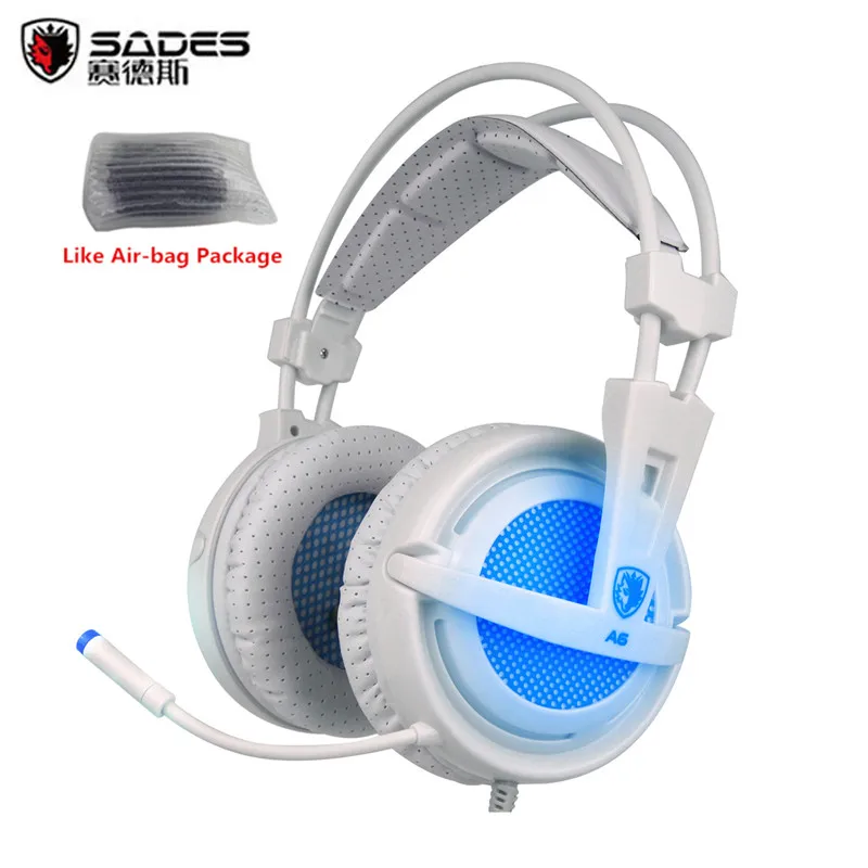 Sades A6 игровая гарнитура, геймер, шлем 7,1, объемный звук, Стерео Игровые наушники с микрофоном, дышащий светодиодный фонарь для PC Gamer - Цвет: white pvc package