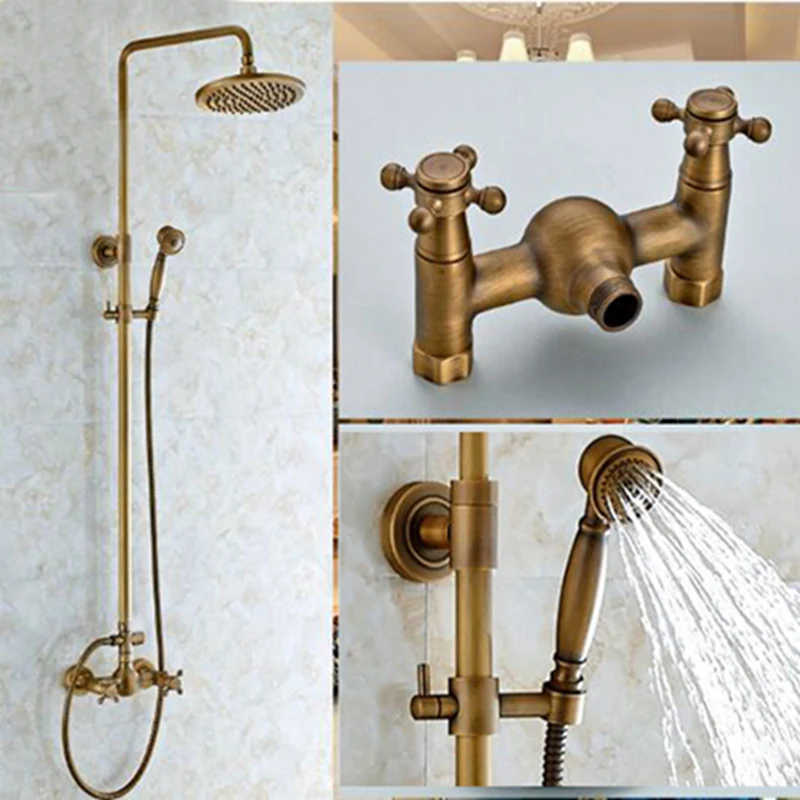 Luxury Antique Brass Wall Mounted 8" Round Rain Shower Head Faucet Cross Handle Shower Mixer Tap