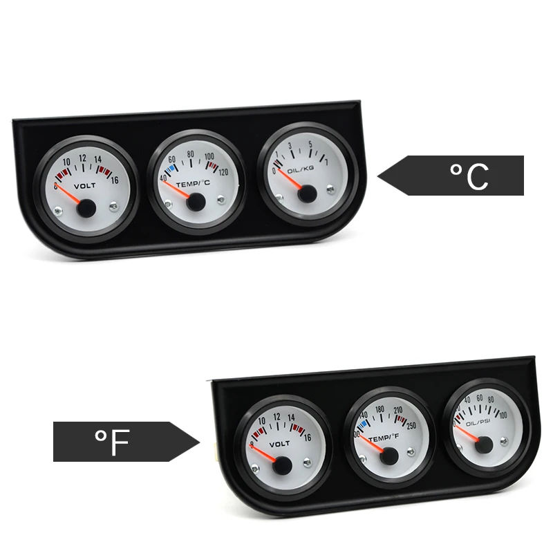 

Water Temp Celsius/Fahrenheit Oil Pressure PSI/KG Volt Gauge 52mm 3 in 1 Triple Gauge Kit Black Bezel White Face With Sensor