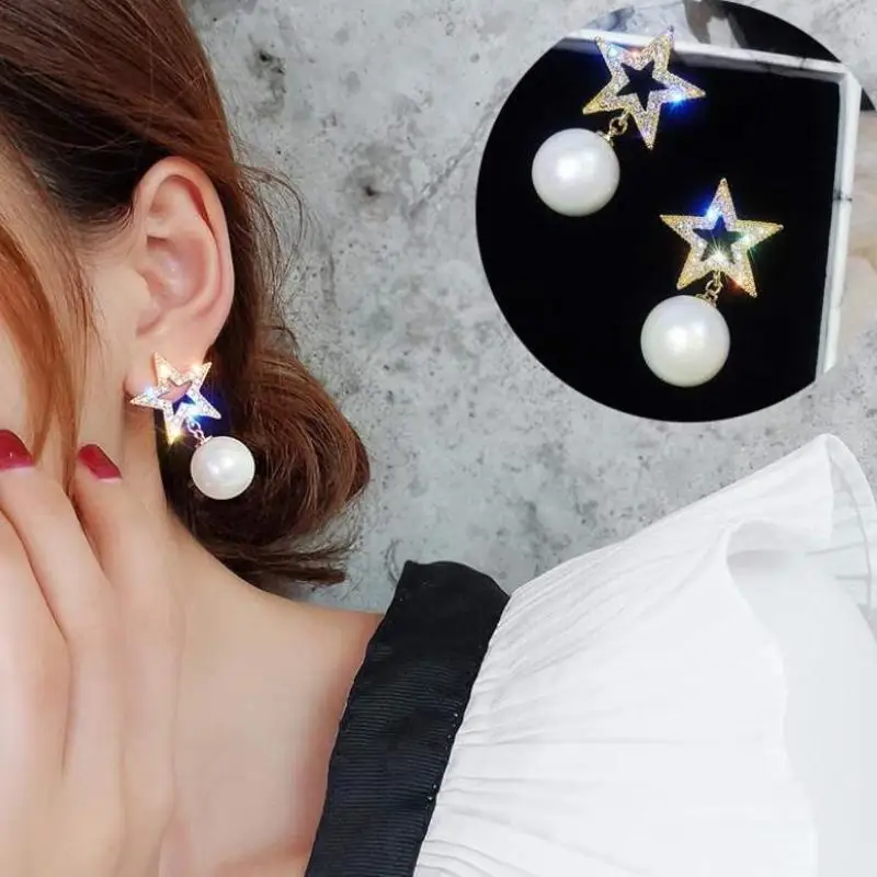 

2019 New Fashion Five-pointed Star Studs Best Selling Simple Popular Gold Stars Pearl Earrings Jewelry Wholesale