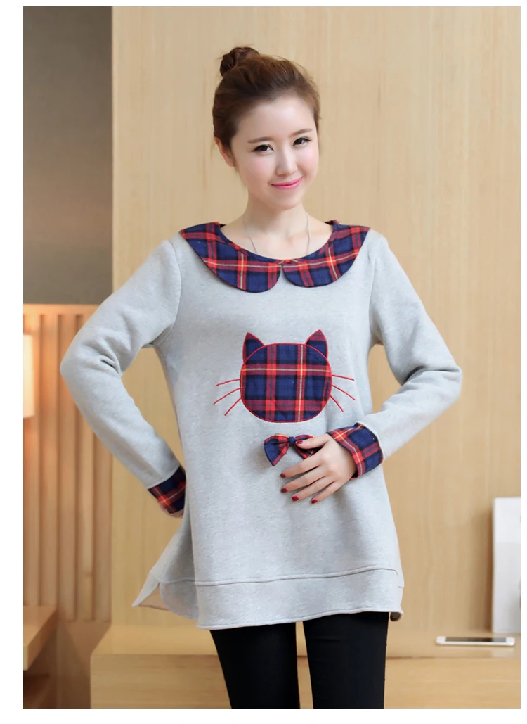 Осенне-зимний свитер для беременных женщин в Корейском стиле с милым котом, плюс бархатный утепленный свитер для беременных женщин с отворотом