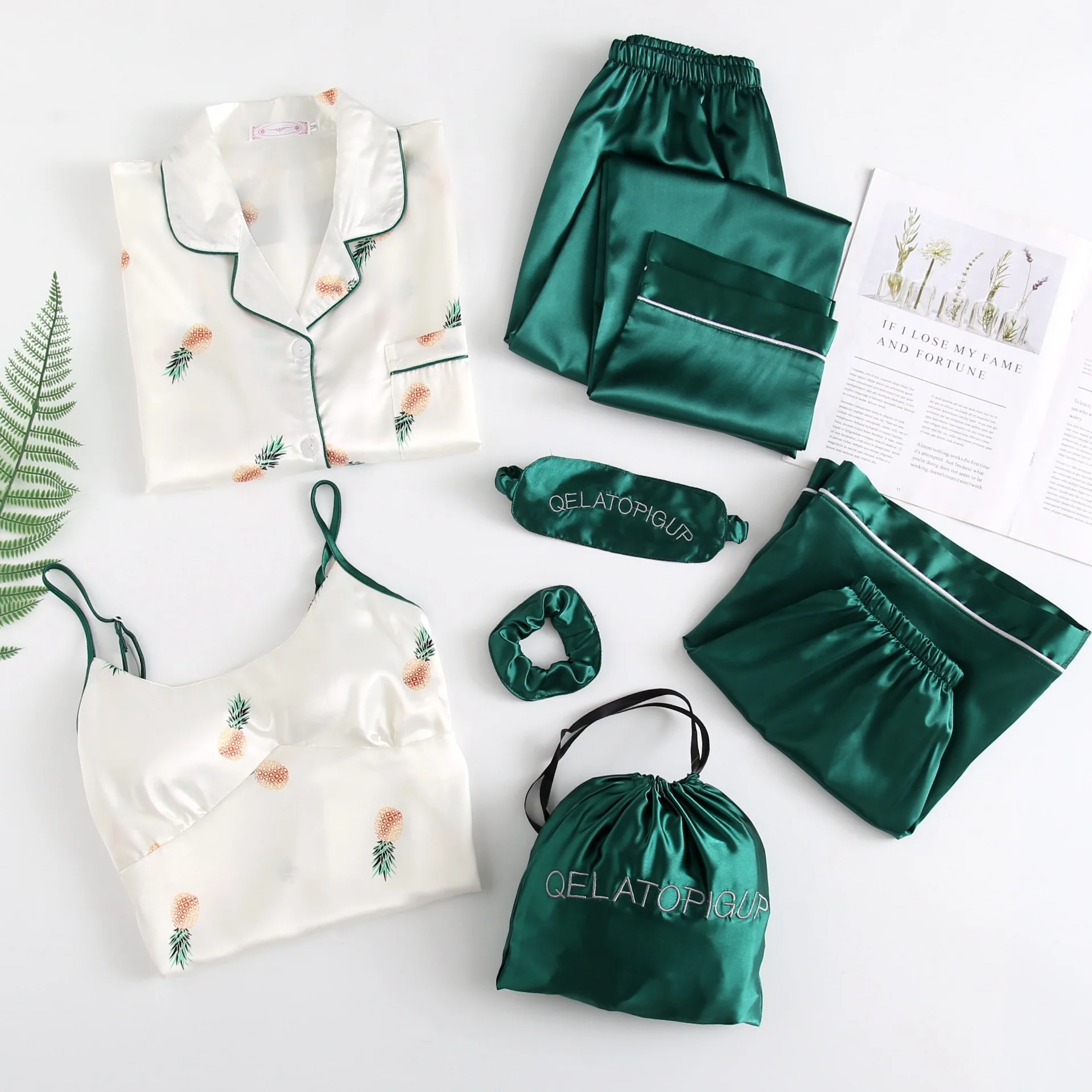 

Spring Summer Women's 7 Pieces Pajamas Sets Nightwear Flower Print Silk Pijama Satin Sleepwear Thin Homewear Home Suit
