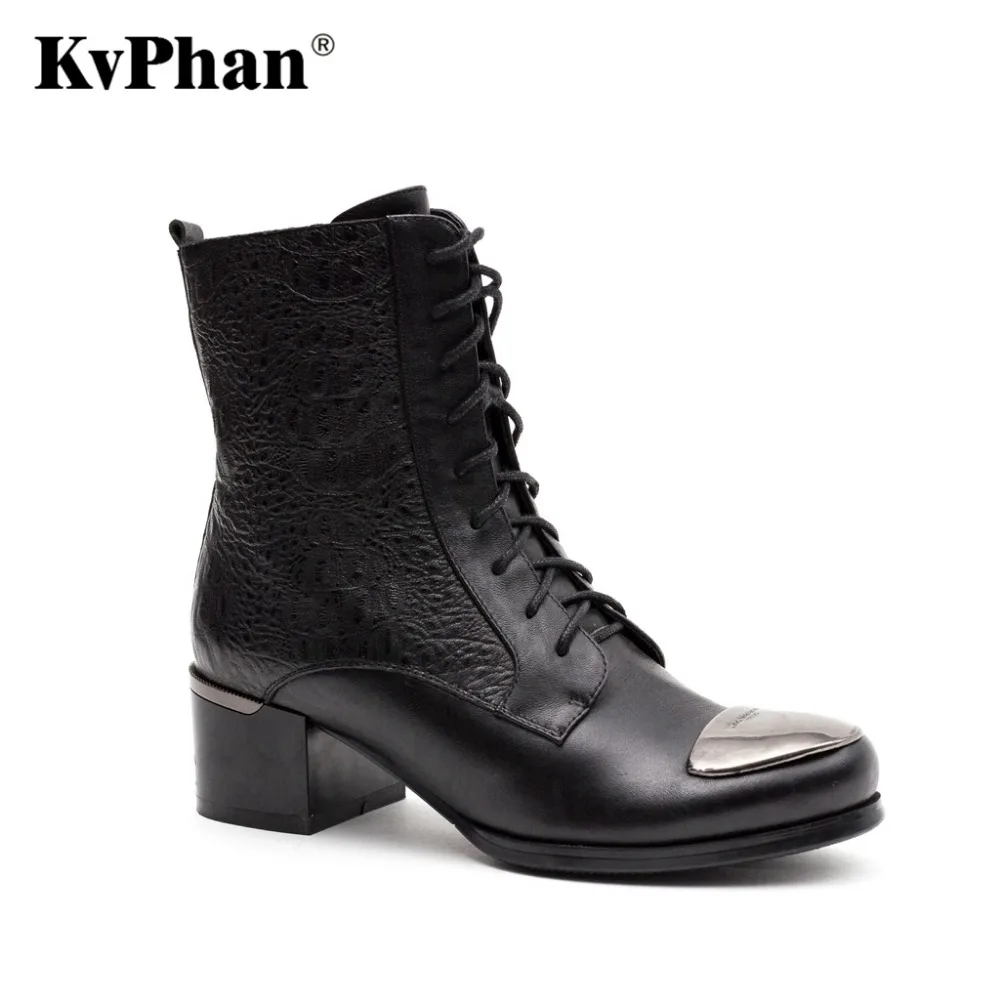 

KvPhan Winter Snow Female Boots Genuine Full Grain Leather Bling Lace-up Decoration Boots Women High Quality Heels Woman Shoes