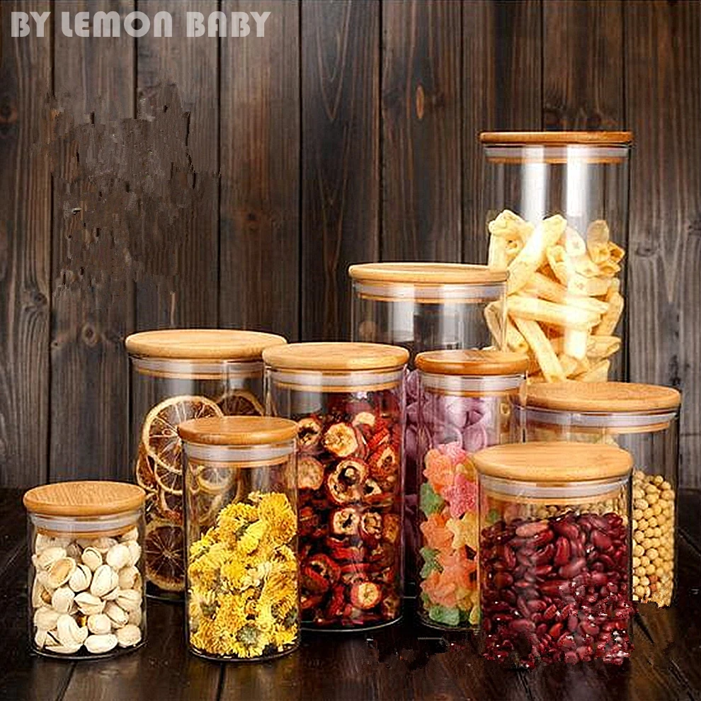 Food Glass Storage Jars Candy Preserving Jar Tea Storage Bottle Bamboo Cover Straight Canister