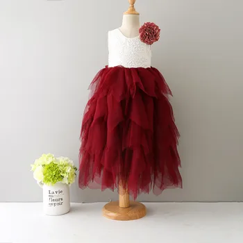 

2017 Girl's Puffy Long Dress Princess Girls V-Back Maxi Dresses Girl Tulle Costumes for Wedding Birthday With Big Flowers PF