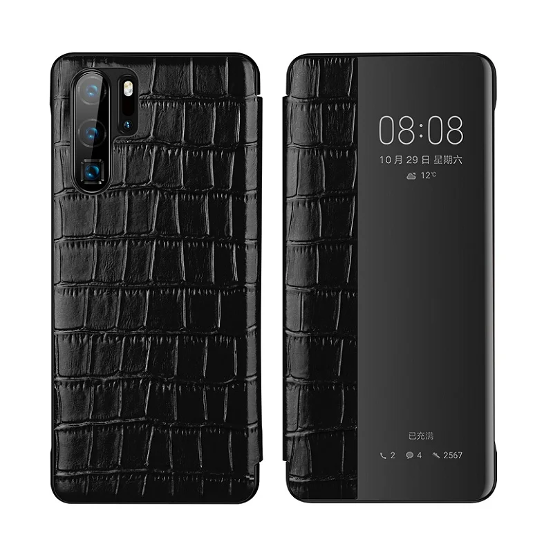 

Solque Real Genuine Leather Flip Case For Huawei P30 Luxury Book Phone Cover For Huawei P30 Pro Crocodile Pattern Wake Sleep
