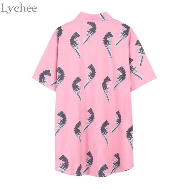 Lychee Harajuku панк Летняя женская блузка с принтом пистолета Повседневная Свободная рубашка с коротким рукавом топы