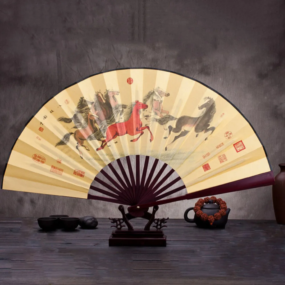 Китайский стиль узор с цветком лотоса Шелковый Бамбук складной ручной вентилятор для мужчин винтаж Карманный складной веер