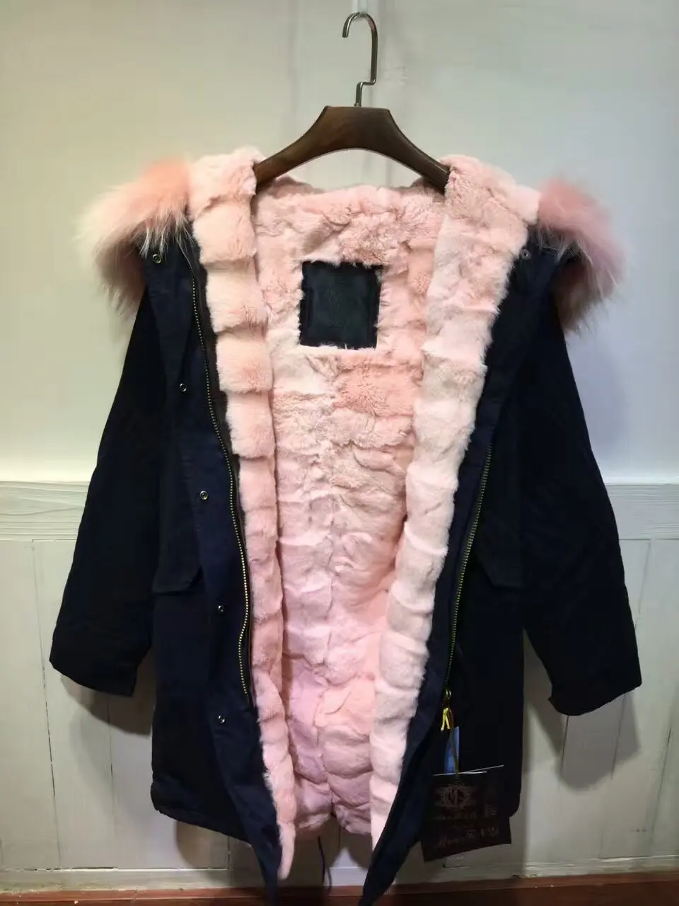 high quality warm light pink fur parka Rex rabbit fur lined coat women