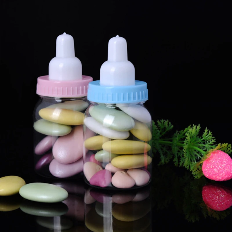 

Popular 3-24pcs Western Style Baby Shower Christening & Baptism Blue Pink Candy Fillable Bottles Transparent Party Decorations