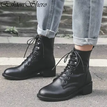 

EshtonShero Winter Women Ankle Boots Med Heels Shoes Woman Leather+PU Lace Up Round Toe Ladies Motorcycle Chelsea Boots Size 3-9