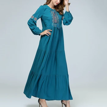 

Women Party Muslim Long Sleeve Summer Loose Casual Long Dress Simple Embroidered Cotton Large Swing Dress Arab Costume