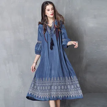 

Summer Spring Casual Women Ladies Embroidery Lantern 3/4 Sleeve Loose Denim Long Dress , Vintage Lace Up Jeans Dresses For Women