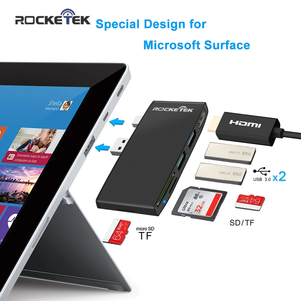

Rocketek usb 3.0 memory card reader HUB 4K HDMI adapter for SD/TF micro SD Microfoft Surface Pro 3/4/5 computer accessories