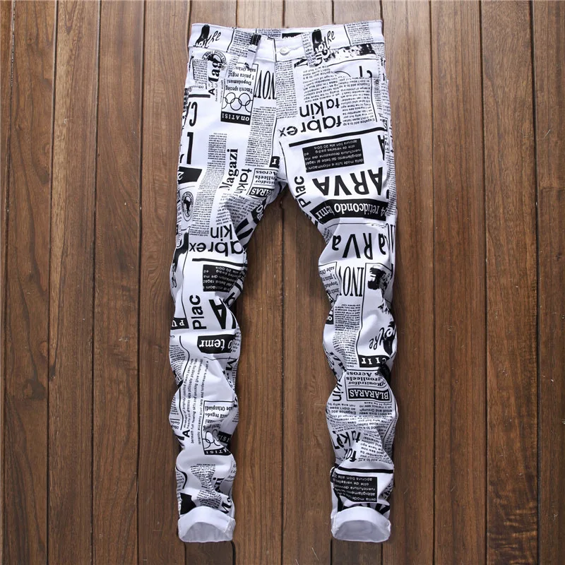 2018 New Arrival Men Casual 3D Newspaper Printed Jeans Pants Mens