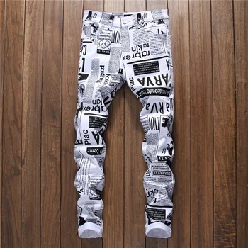 

2018 New Arrival Men Casual 3D Newspaper Printed Jeans Pants Mens Patter Print White Hip-hop Fashion Skinny Slim Fit Trousers