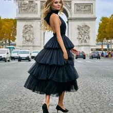 Элегантные Холтер спинки миди вечерние платья Дубай многоуровневый Тюль Белый Розовый арабские официальные платья длиной до лодыжки вечерние платья для выпускного вечера