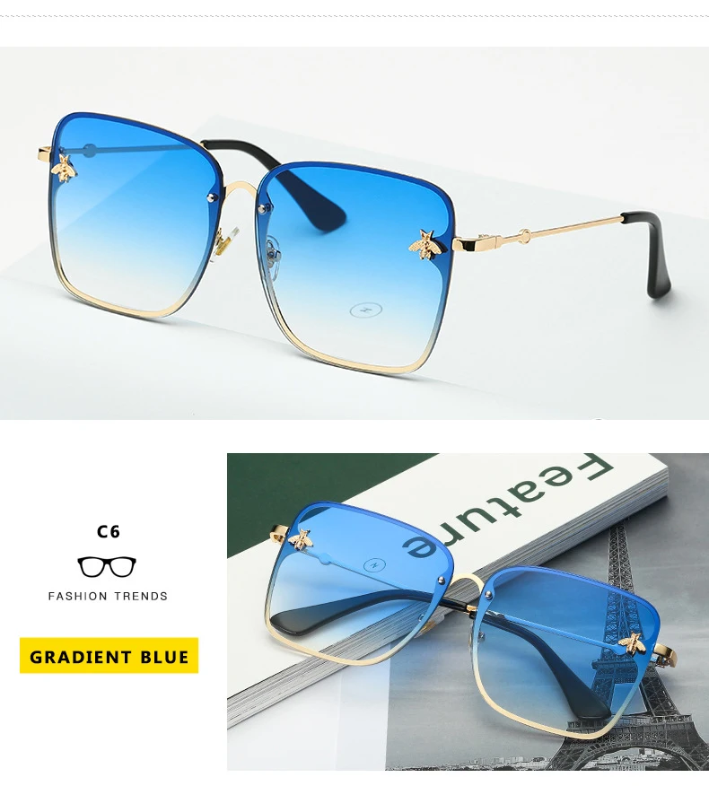 2021 New Fashion Lady Oversize Rimless Square Bee Sunglasses Women Men Small Bee Glasses Gradient Sun Glasses Female UV400