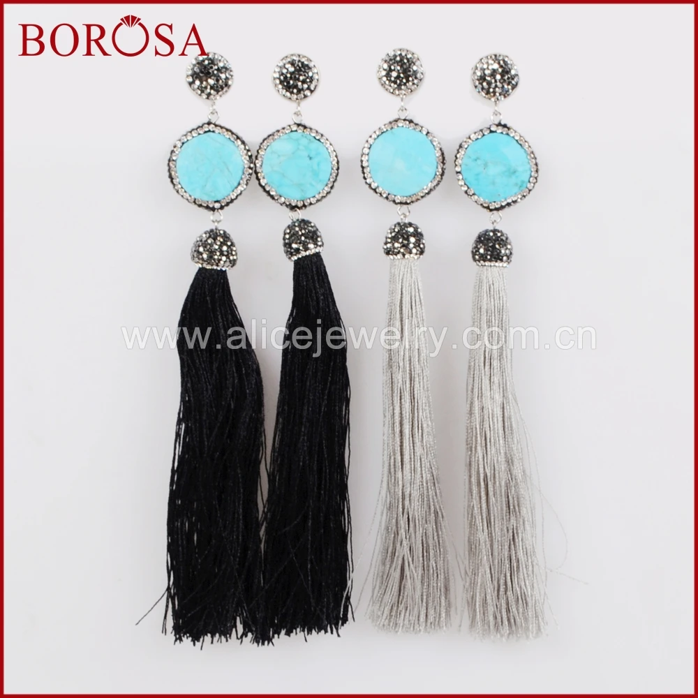 

Голубые серьги-кисточки BOROSA с камнем Howlites, бриллиантовые длинные серьги-подвески с инкрустацией CZ, JAB625
