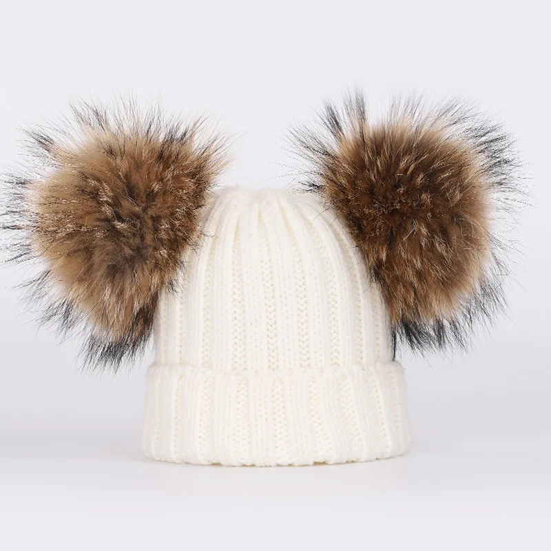 Коллекция года, модная детская шапка из натурального меха енота, шапка с помпоном в горошек для мальчиков и девочек, костюм с толстым шарфом Спортивный зимний теплый лыжный комбинезон - Цвет: White