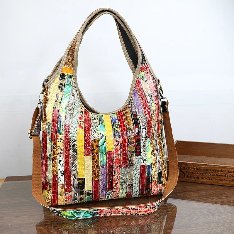 

2018 fashion patchwork patterned leather casual straped one shoulder western style women handbag big bag at lowest price