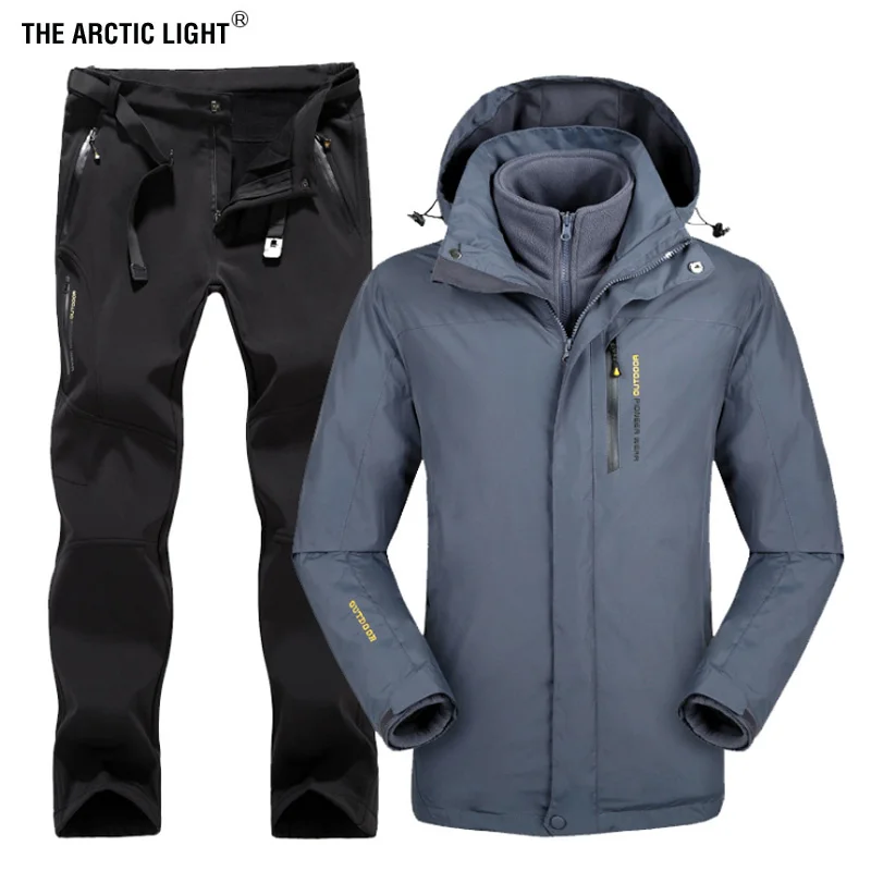 Зимний мужской лыжный светильник, лыжная куртка для походов, Походов, Кемпинга, Спортивная флисовая ветровка, куртка, термо флисовые штаны, комплекты - Цвет: black gray