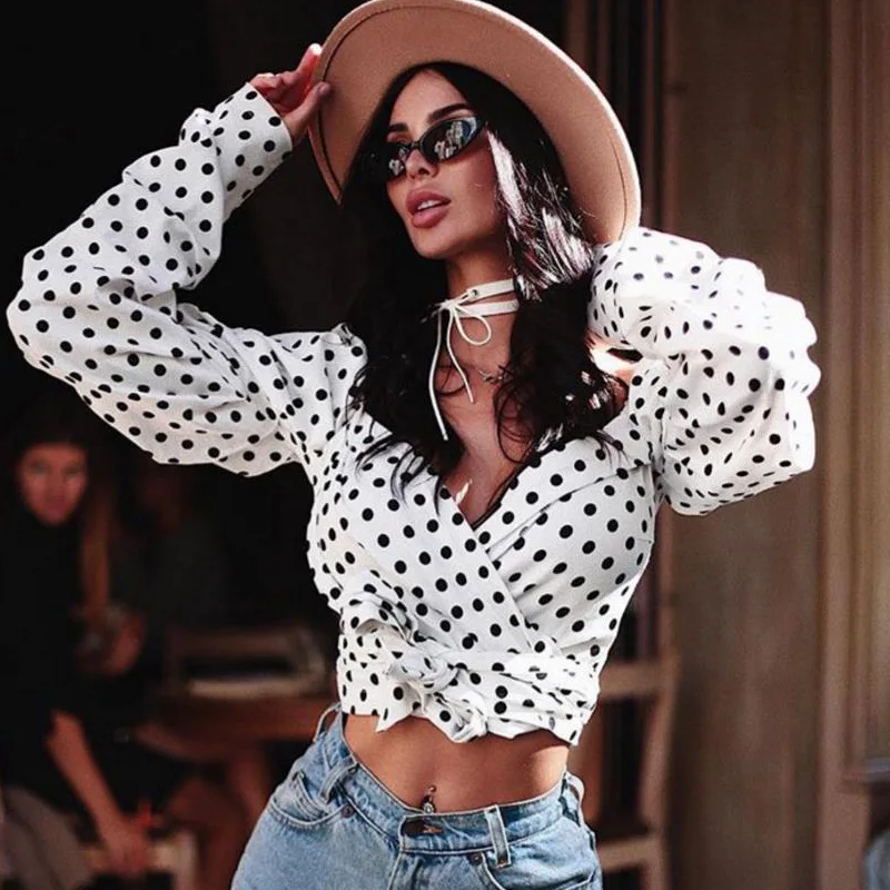 

Long Sleeve Dot Shirts Women Fashion Sexy Crop Tops Bnowknot Ladies Elegant Office Blouse Streetwear Blusas