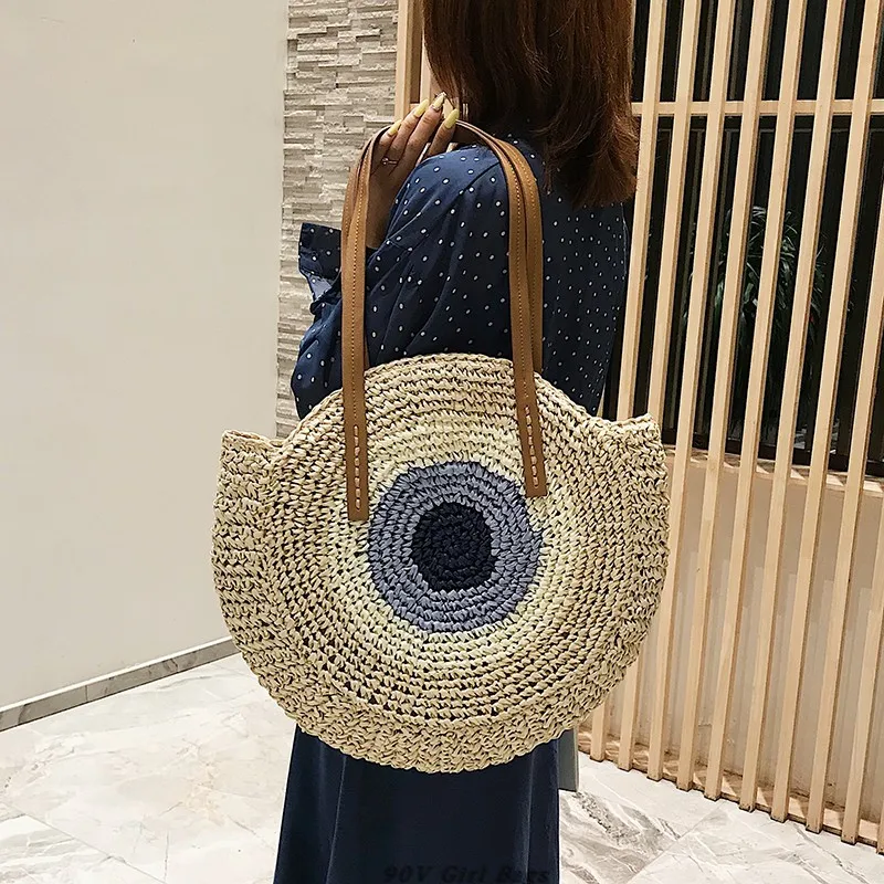 

2019 New Peacock's Eye Straw Women Shoulder Bag Circle Handmade Contrast Color Large Handbag Beach Bag Over Shoulder Tote Bag