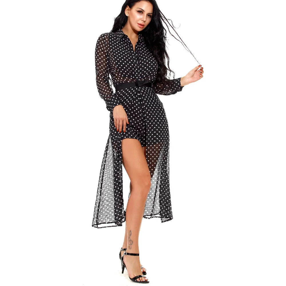 2018 Vadim Sexy Bodysuit Autumn Long Sleeve Polka Dot Ruffle Wrap Women Maxi Clothes Vestidos Summer Beach Playsuits By8001 