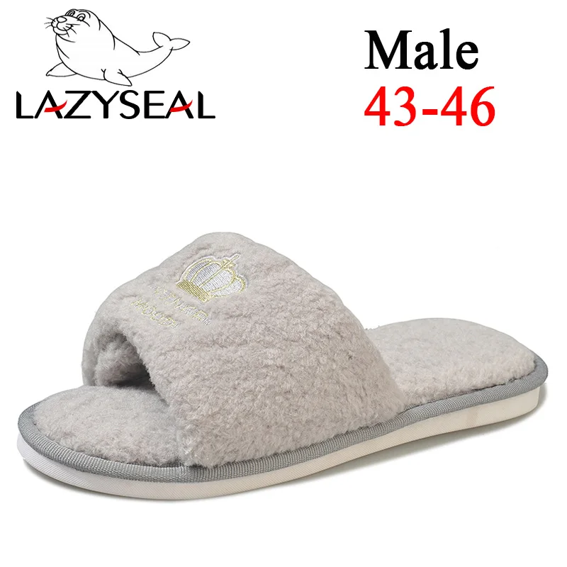 LazySeal/зимние домашние тапочки; женская обувь; женские шлепанцы на меху; женская теплая обувь с вышивкой в виде короны - Цвет: Gray(43-46)