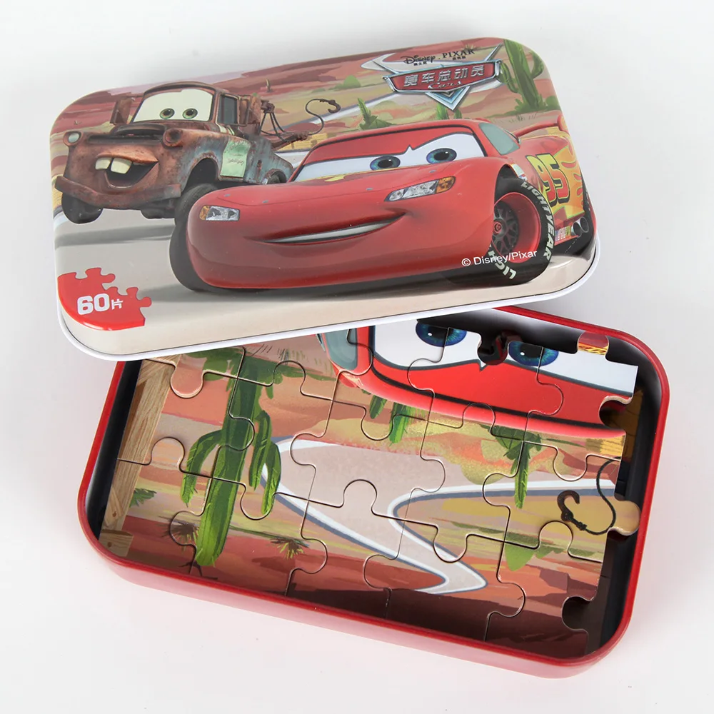 60 шт./компл. Pixar машинки головоломки с железный ящик Lightning McQueen головоломки доска Детские День рождения игрушка в подарок расходные материалы