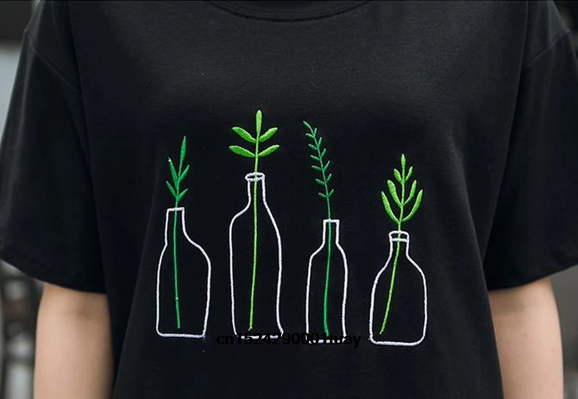 

Merry Pretty New Summer Korean Style Women T-Shirt Harajuku Bottle Plants Pattern Kawaii Embroidery Cotton Tee Shirt Cute Tops