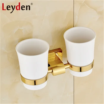 

Leyden Luxury Golden/ Chrome Double Toothbrush Holder with Ceramic Cup Wall Mounted Brass Toothbrush Hanger Bathroom Accessories