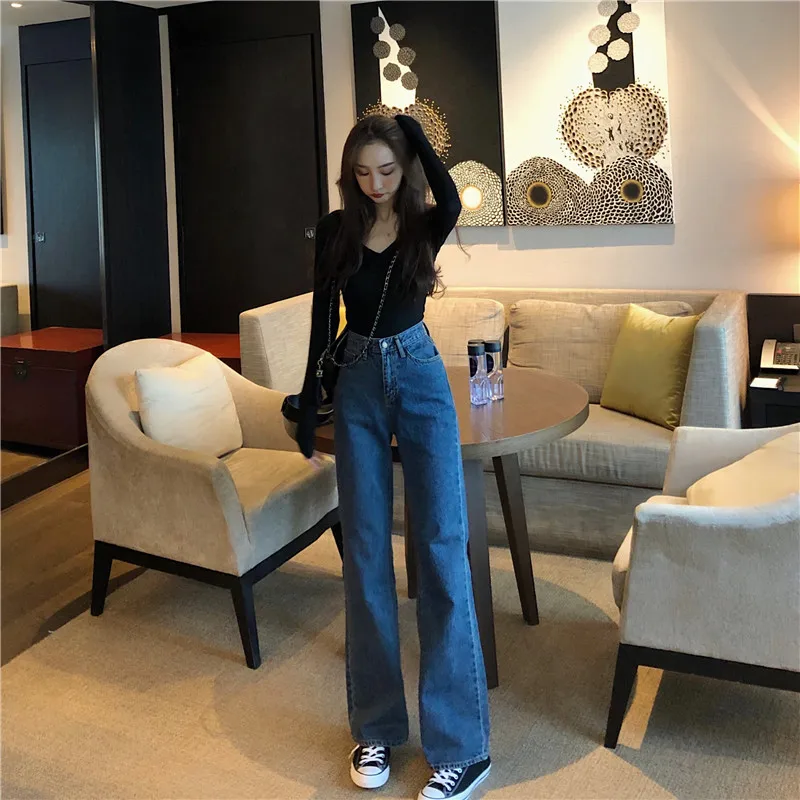 Online Hot Womens High Waist Jeans Wide Leg Loose Fit Leisure Vogue Denim Full Length Straight Casual Jeans Spring Summer
