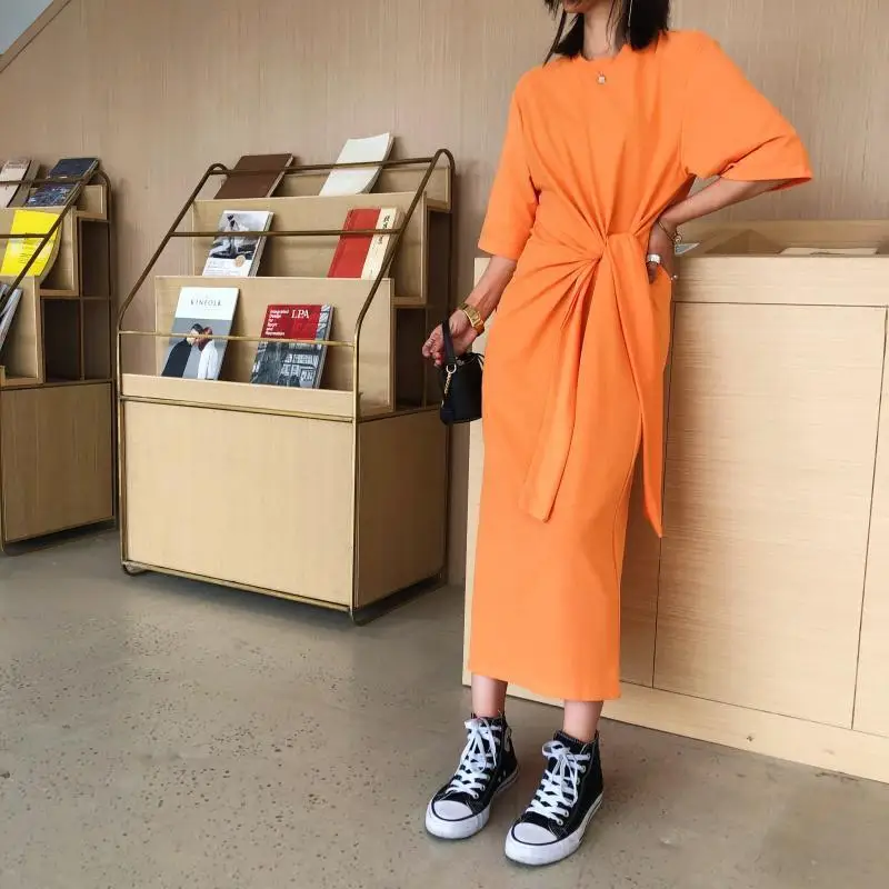 

[EWQ] 2019 Summer Sweet O Neck Cotton Half Sleeve Casual dresses Lace Up Orange Bandage Long Pleated Dress Orange Women ME8730