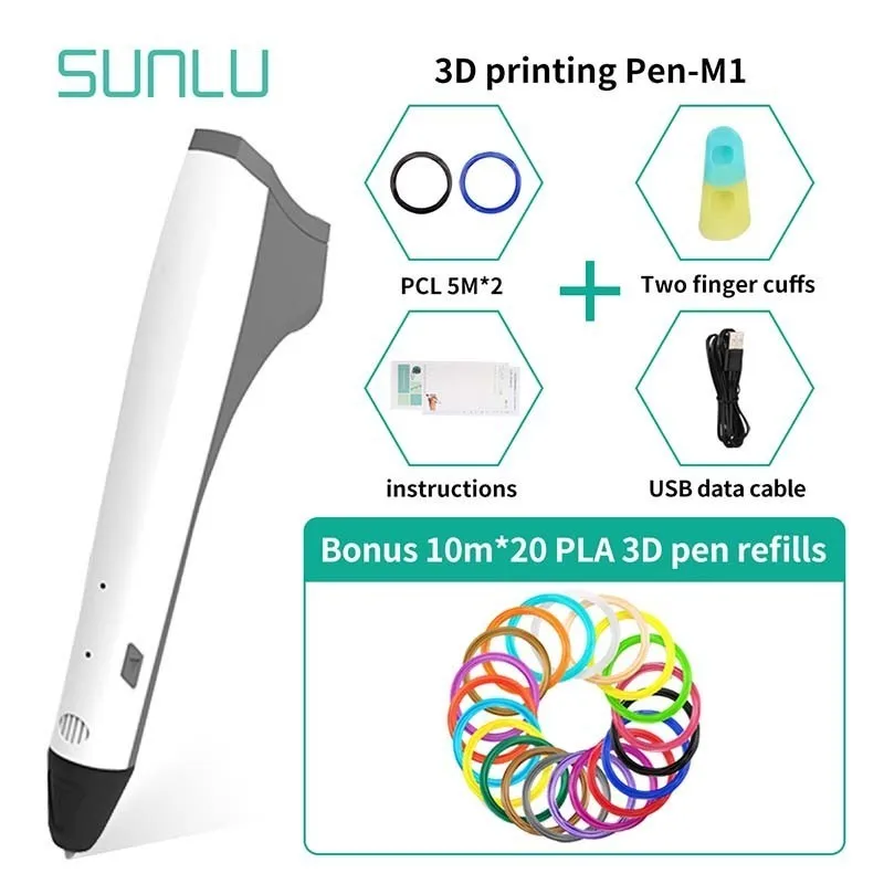 SUNLU M1 3D печать Ручка Поддержка 1,75 PLA PCL нити легко поддерживать детей Scribble ручки Рождественский подарок - Цвет: M1-White-10.20