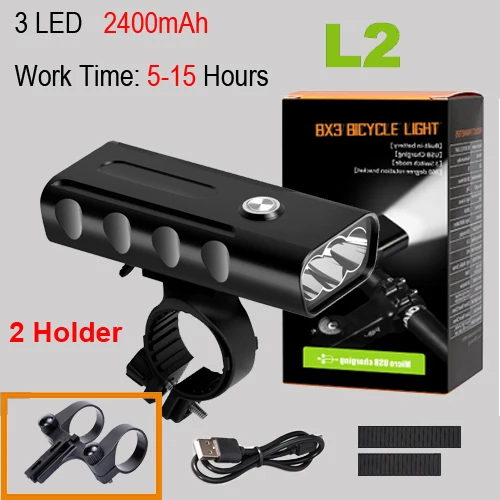 NEWBOLER 5200mAh Bike Light Kit T6 L2 Flashlight For Bicycle 2400 Lumen Led Lantern USB Headlight Mount Bracket Cycle Fornt Lamp - Цвет: L2 5 hours 2 holder