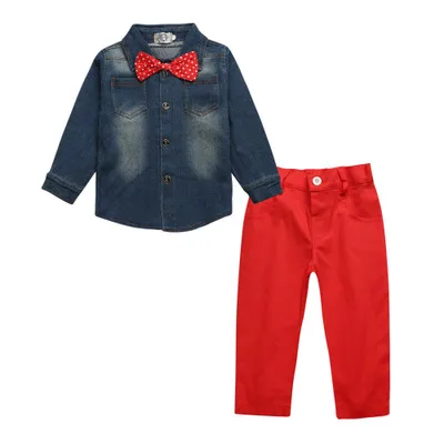 Прямая поставка, новая весенне-осенняя рубашка с галстуком-бабочкой Deni повседневные штаны Красного цвета одежда для дня рождения для маленьких мальчиков вечерние модные костюмы
