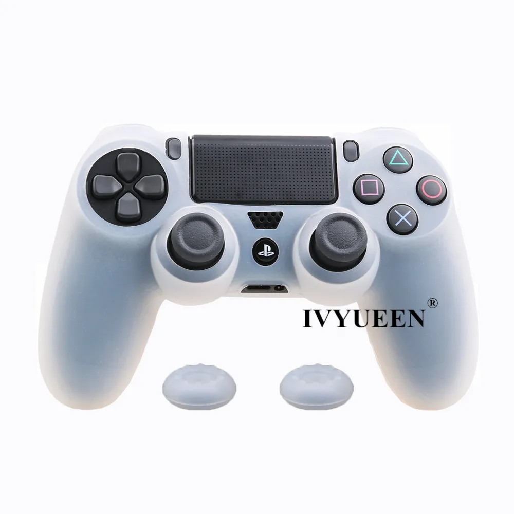 Мягкий силиконовый резиновый чехол IVYUEEN для sony playstation Dualshock 4 PS4 DS4 Pro, тонкий контроллер, кожный чехол+ 2 ручки для большого пальца - Цвет: Clear