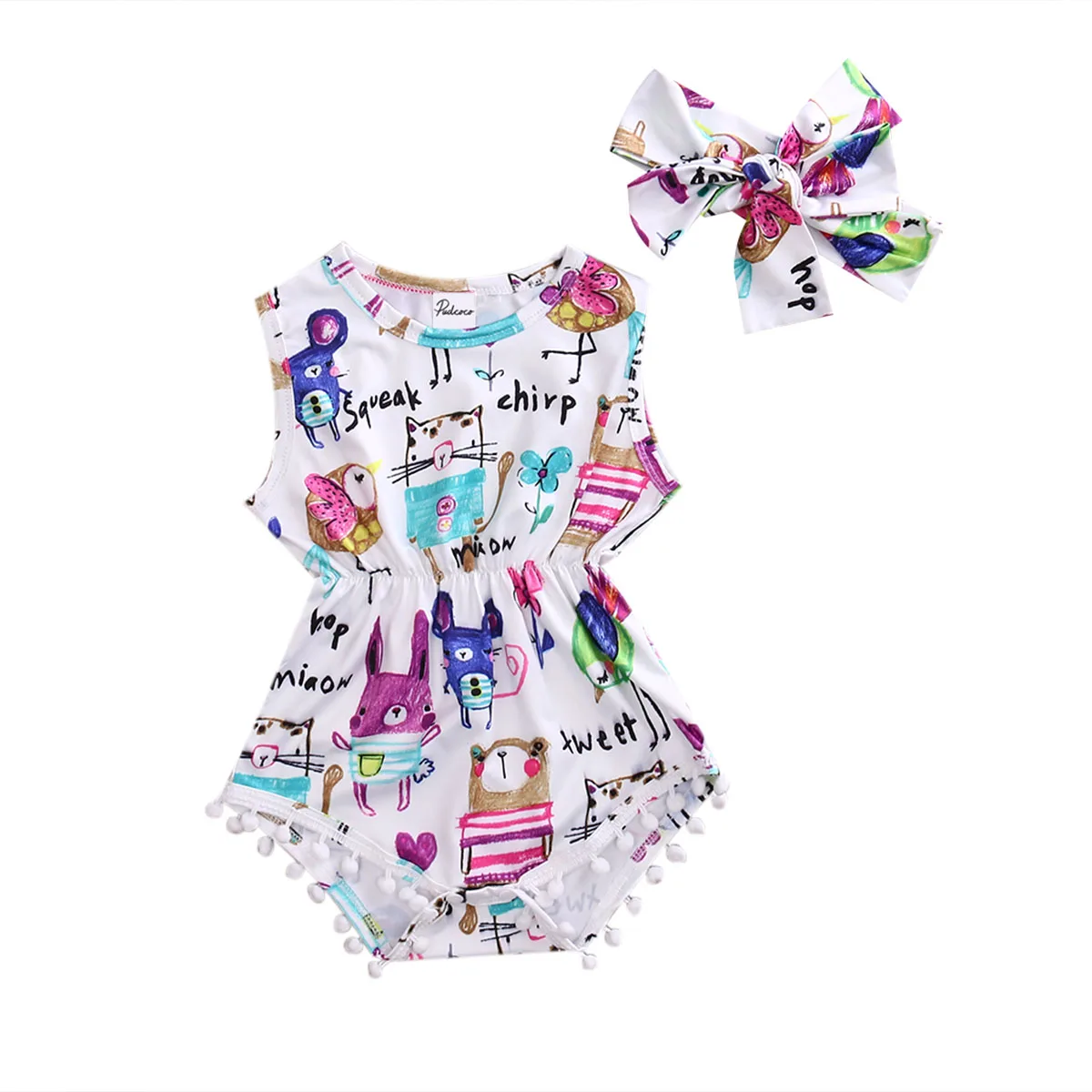 2pc/set Sweet Infant Baby Girl Sleeveless Tassel Romper Painting