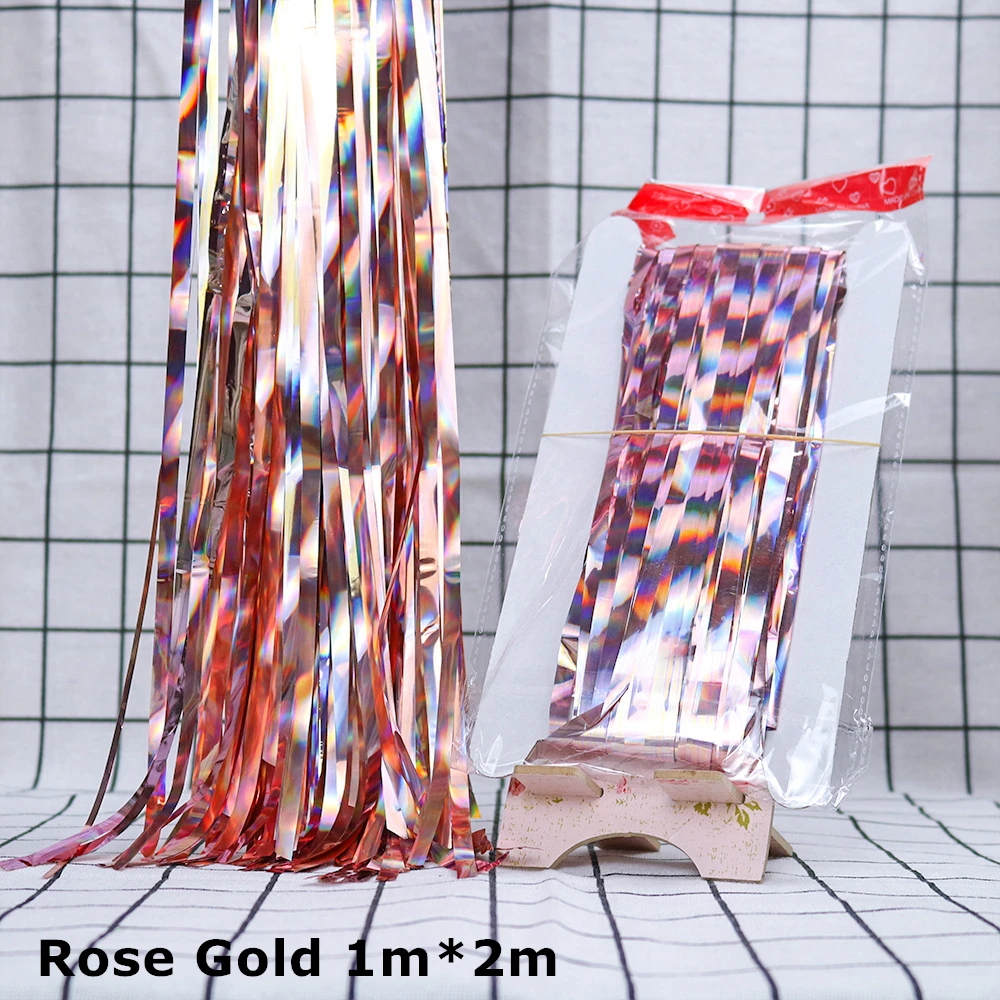 2M 3M Gold Silver Metallic Rain Foil Curtain Tinsel Fringe Tassel Birthday Party Wedding Decoration Backdrop Curtain Photo Props - Цвет: 2m rose gold