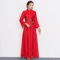 Цветочный Чонсам костюм красный классический вышивка Свадебное платье тонкий восточный вечер платья традиционная сценического шоу набор
