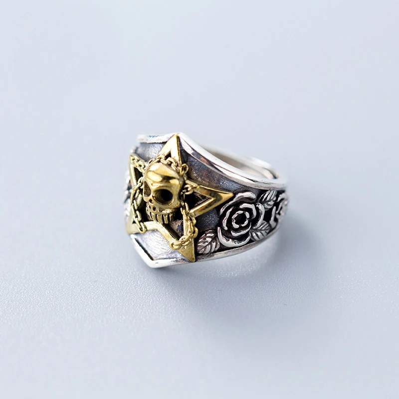

MloveAcc Real Pure 925 Sterling Silver Viking Ring Skull with Pentagram Gothic Punk Rock Rose Flower Carving Resizable for Men