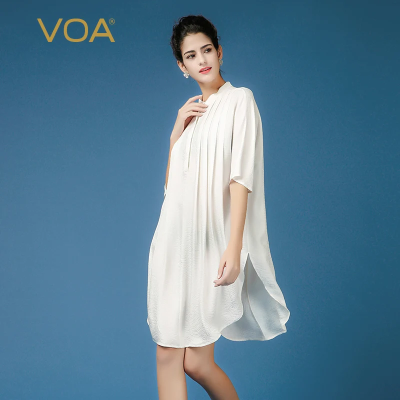 

VOA White 100% Silk Blouse Casual Office Ladies Tops Spring Half Sleeve Shirts Korean Fashion Clothing Loose Plus Size Top B7393