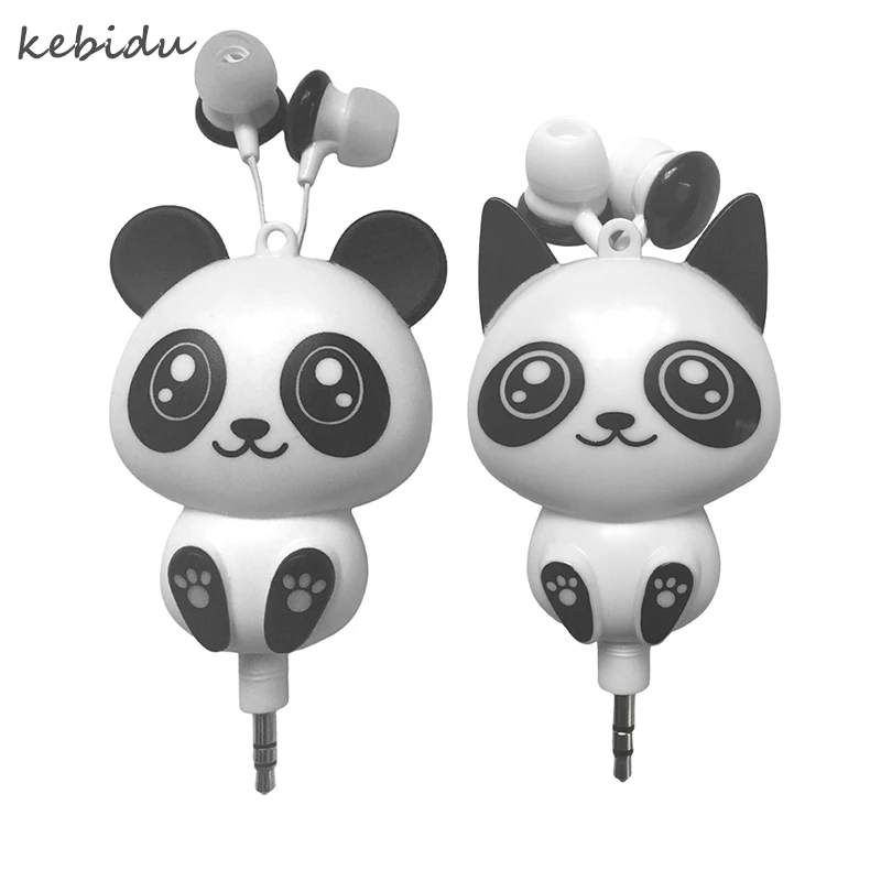kebidu Cute Cartoon Panda 3.5mm Wired Retractable Earphones Handsfree