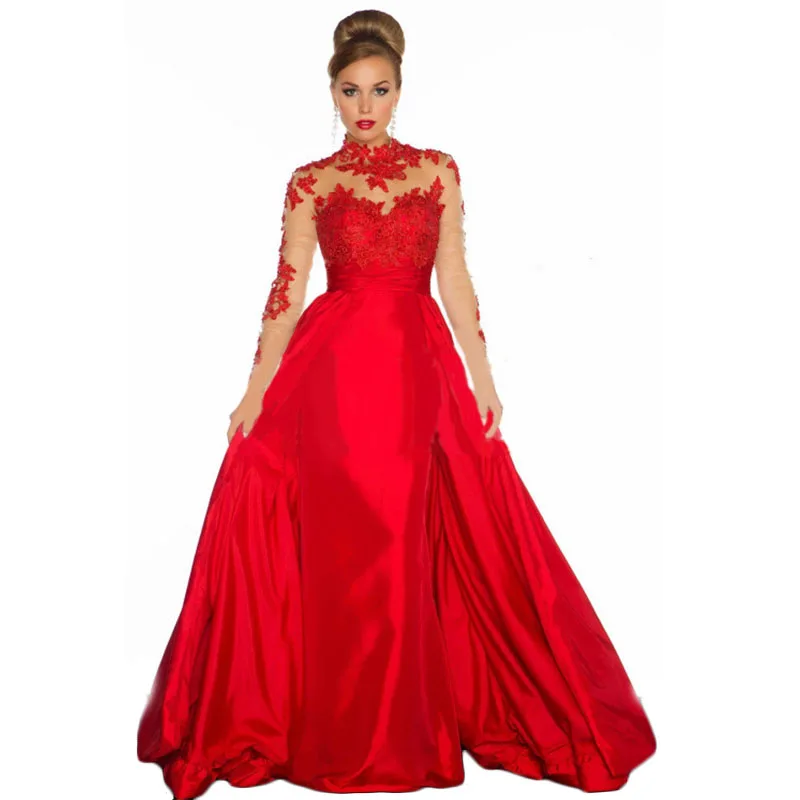 long sleeve red ball gown dress