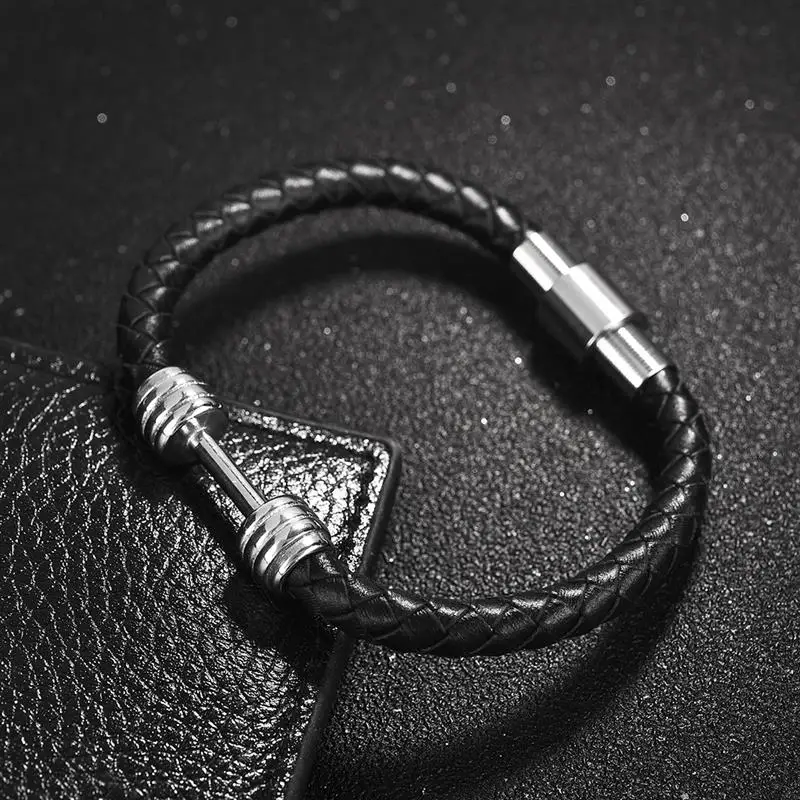 Jiayiqi уникальный гантель мужской кожаный браслет черный плетеный браслет модные мужские ювелирные изделия браслет из нержавеющей стали аксессуары Подарки
